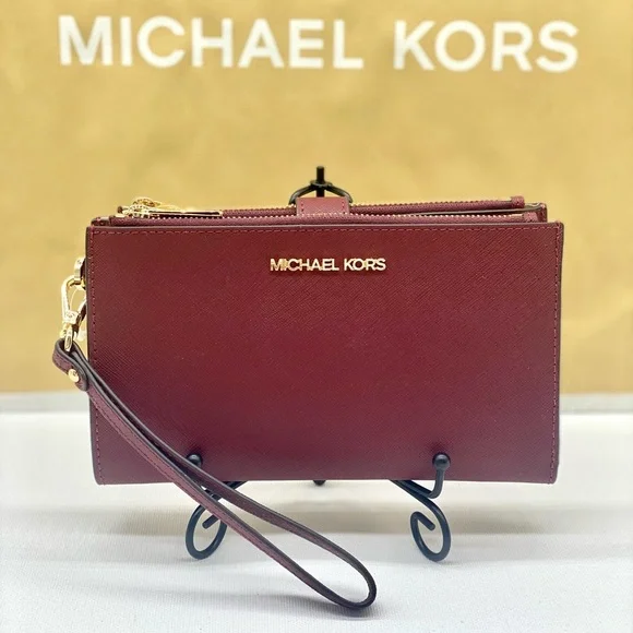 Michael Kors DoubleZip Wallet Wristlet Phone Case Dark Cherry - Picture 1 of 10